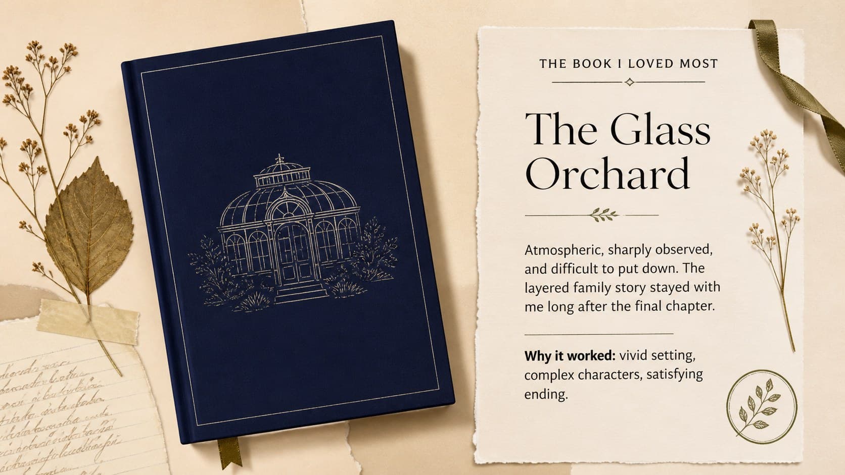 Favorite book reflection slide featuring a large cover placeholder and concise review notes.
