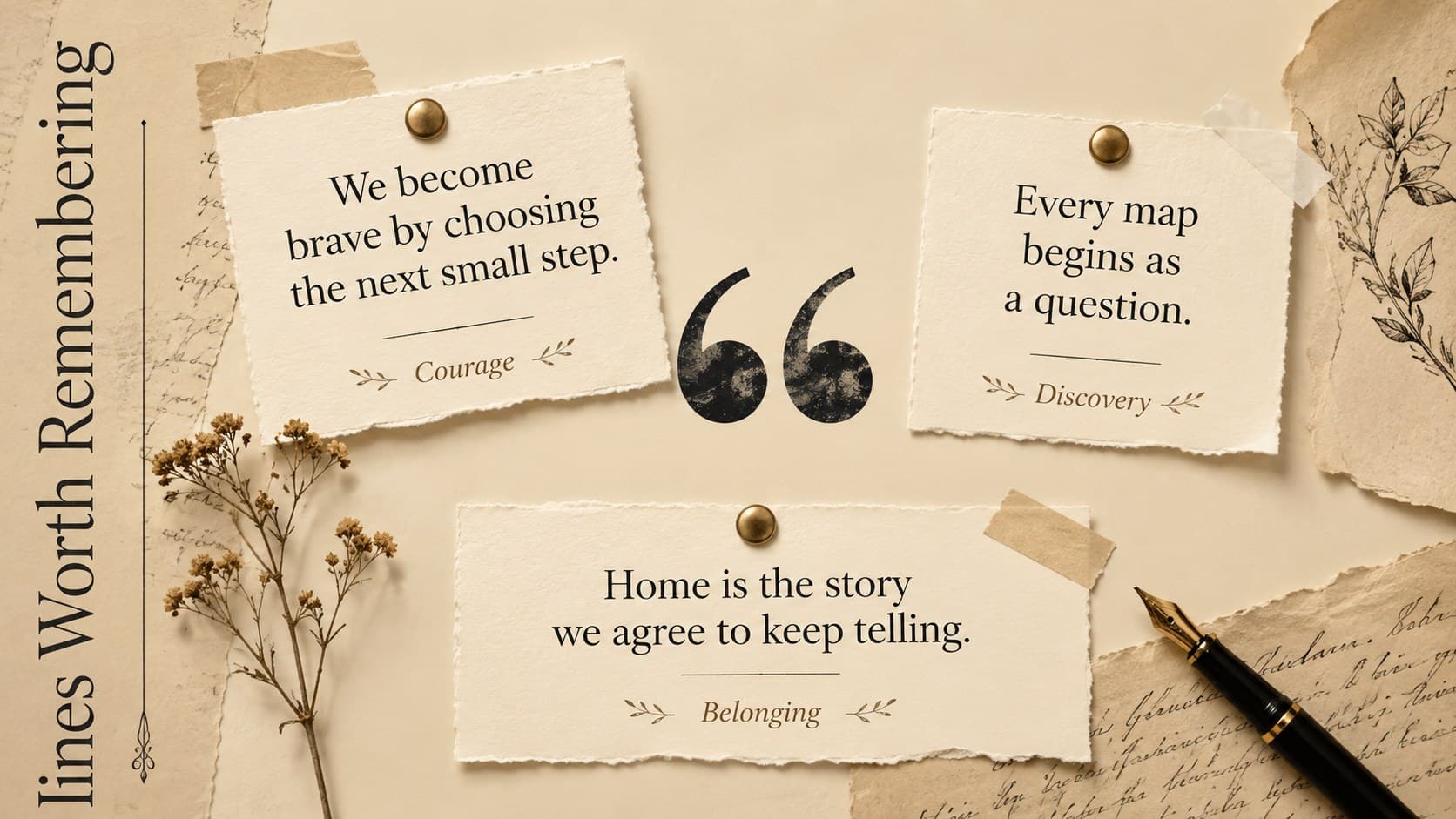 Literary quote collection slide with three memorable passages in a beige collage layout.