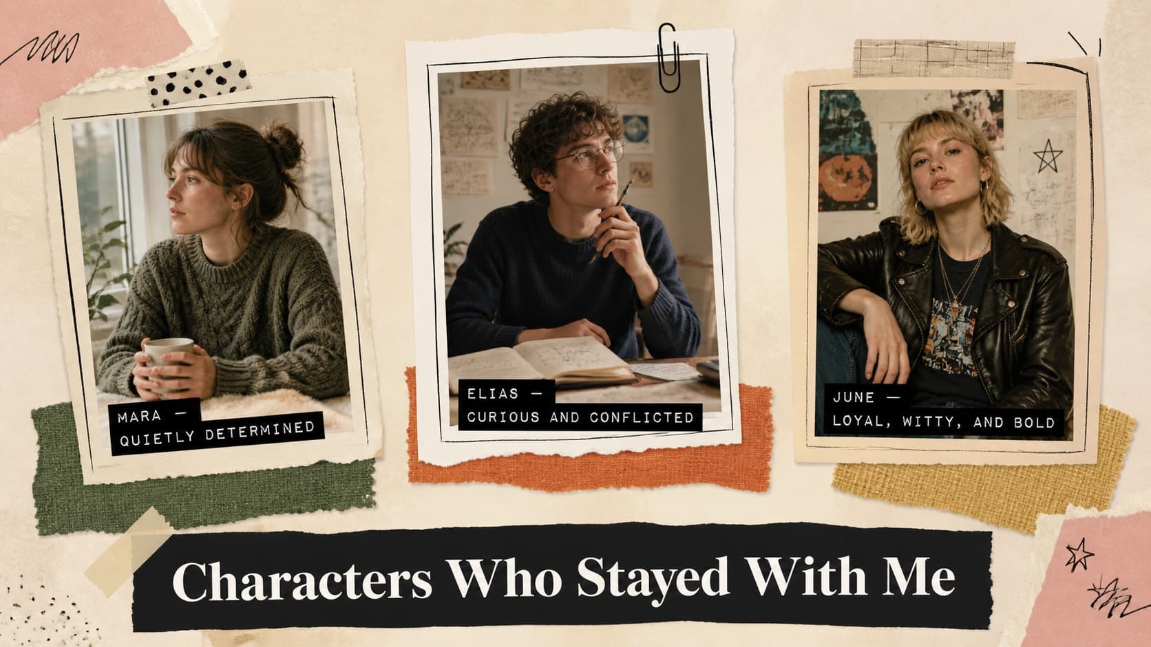 Character spotlight slide presenting three memorable fictional characters and their defining qualities.