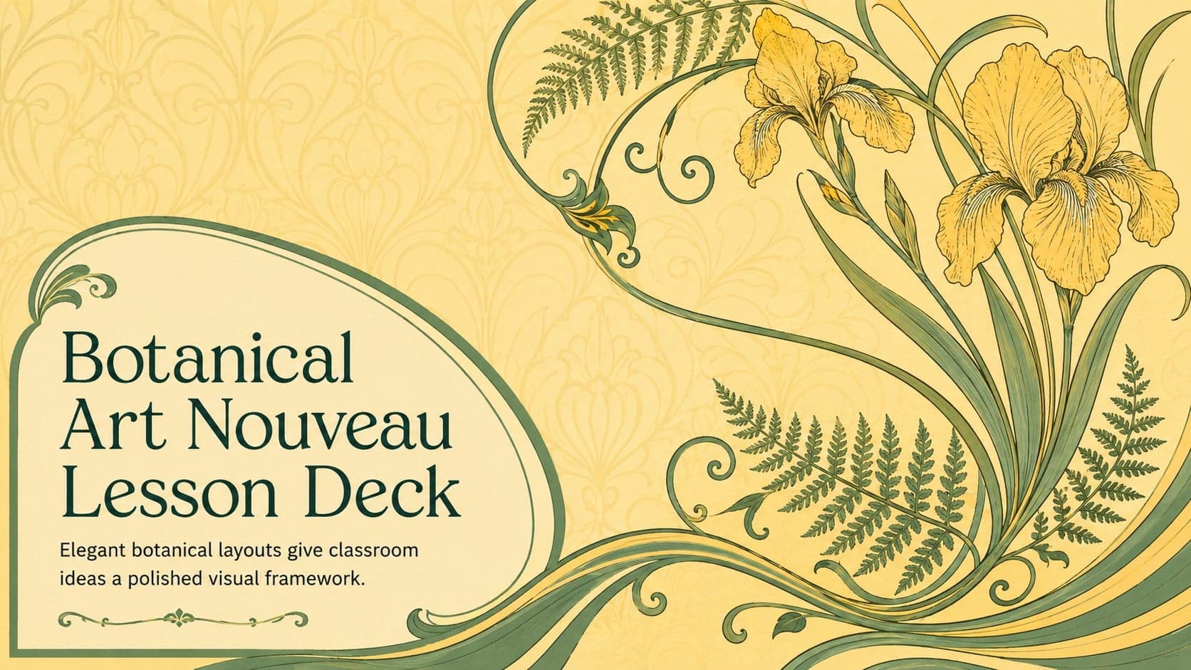 Cover of the Botanical Art Nouveau Lesson Deck with yellow and green floral ornament framing an elegant classroom title.