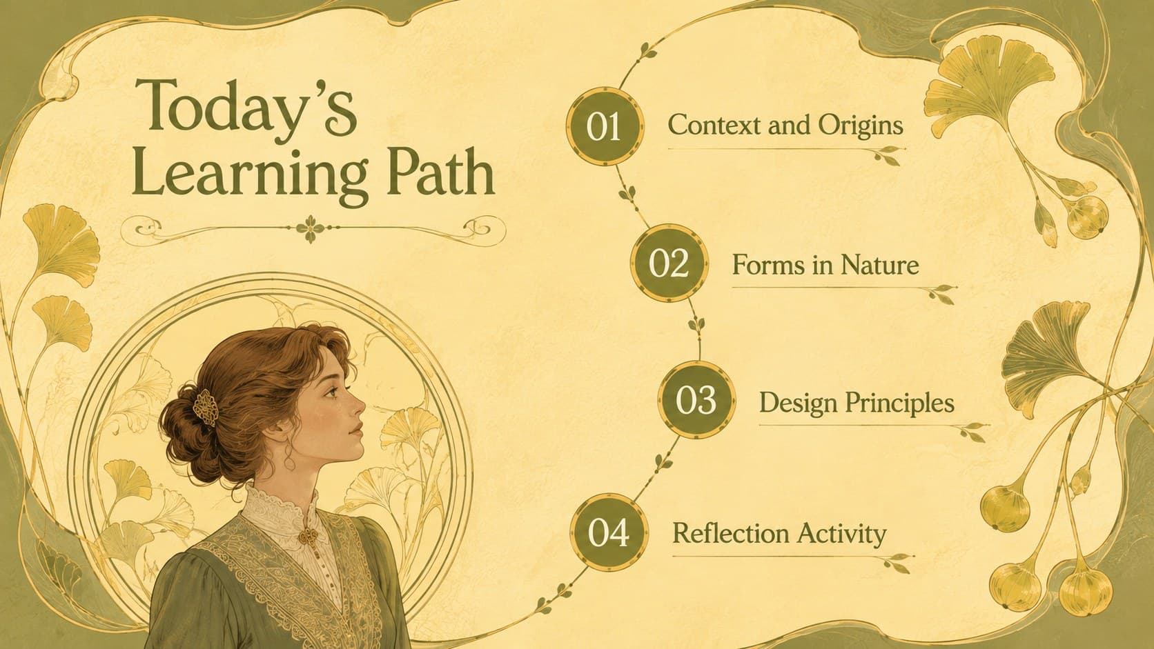 Art Nouveau classroom presentation agenda with four lesson sections and botanical corner decorations.