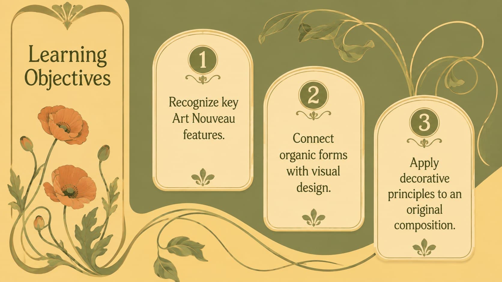 Yellow and green botanical lesson slide presenting three clear learning objectives in an Art Nouveau style.