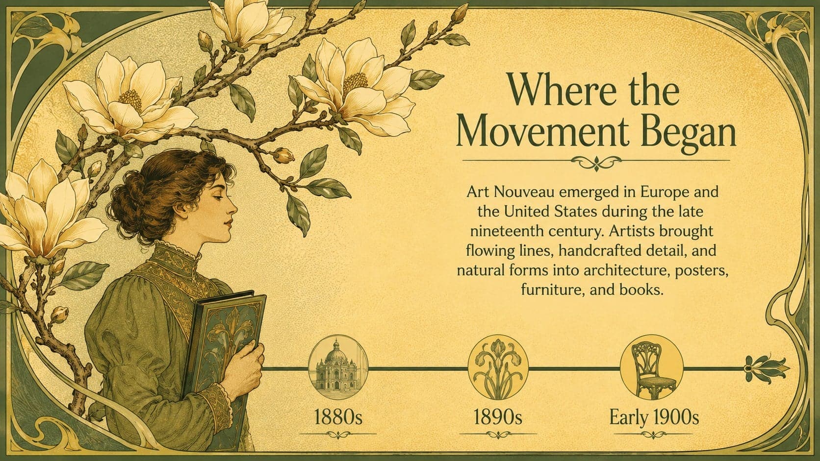 Vintage botanical education template slide explaining the origins of Art Nouveau with a short timeline.