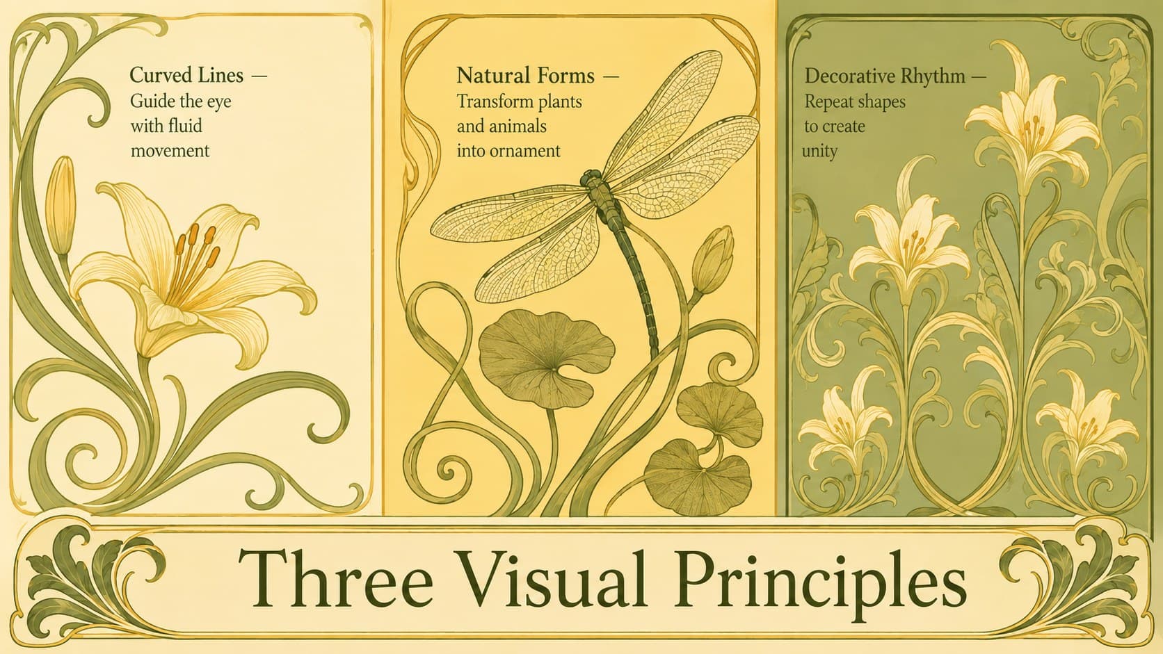 Art Nouveau teaching slide comparing curved lines, natural forms, and decorative rhythm in three columns.