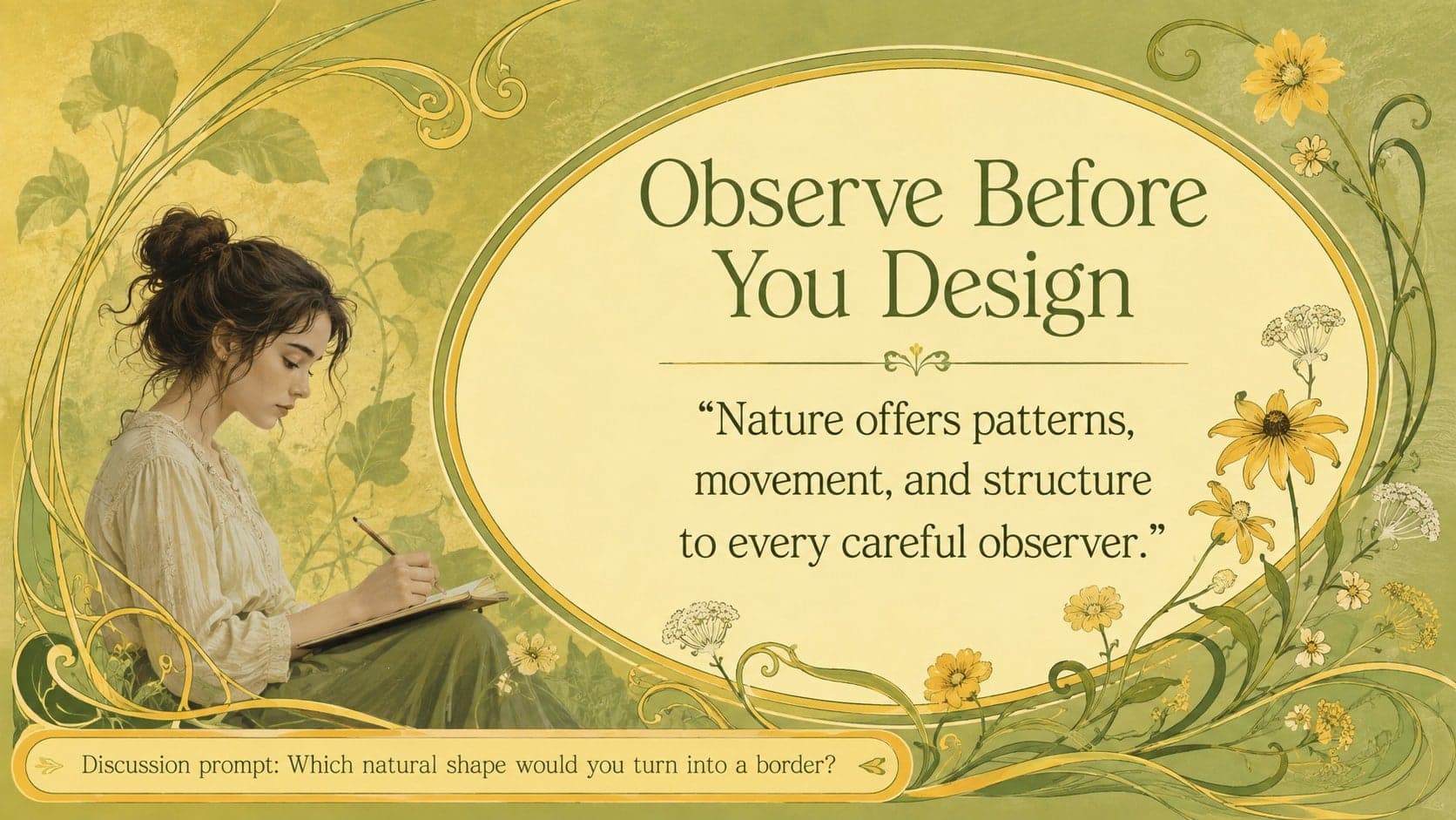 Floral PowerPoint template for teachers featuring a large quotation about finding inspiration in nature.