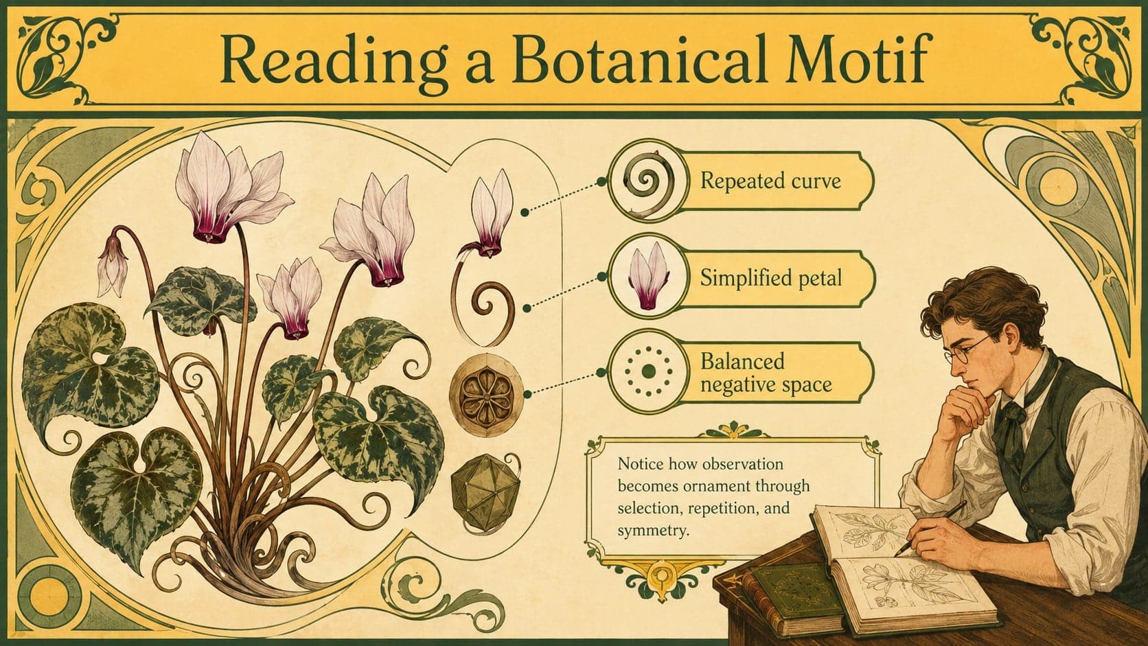 Nature-inspired classroom slide deck page showing a labeled botanical motif study with elegant green linework.