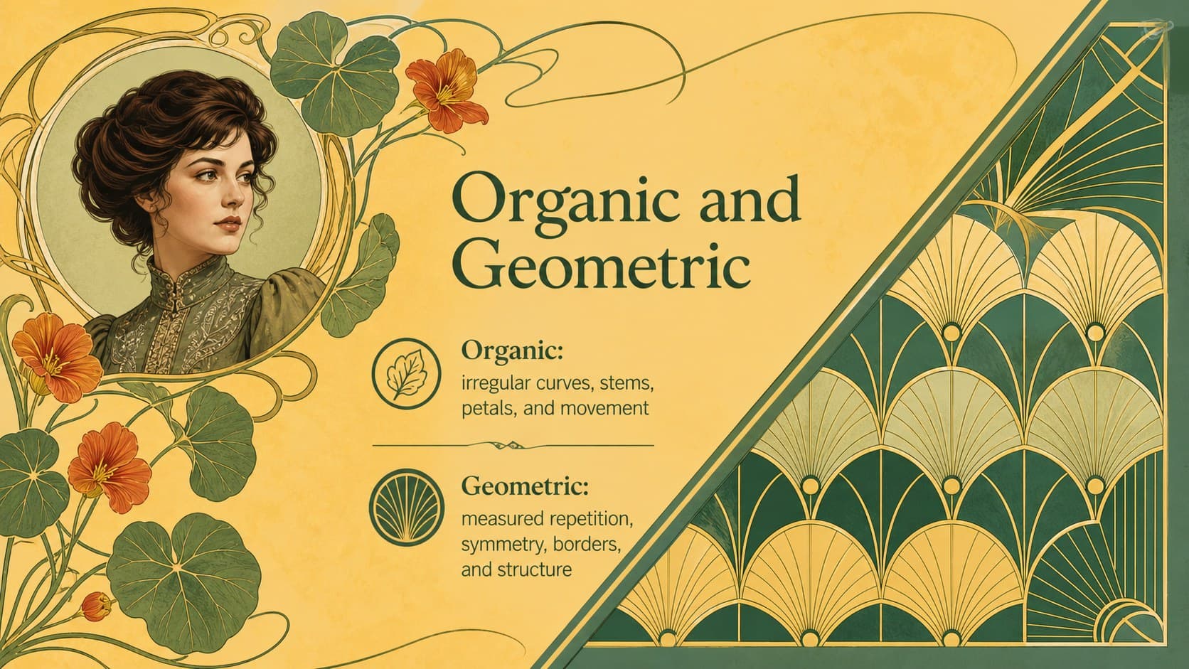 Botanical Art Nouveau lesson deck slide contrasting organic and geometric design approaches.