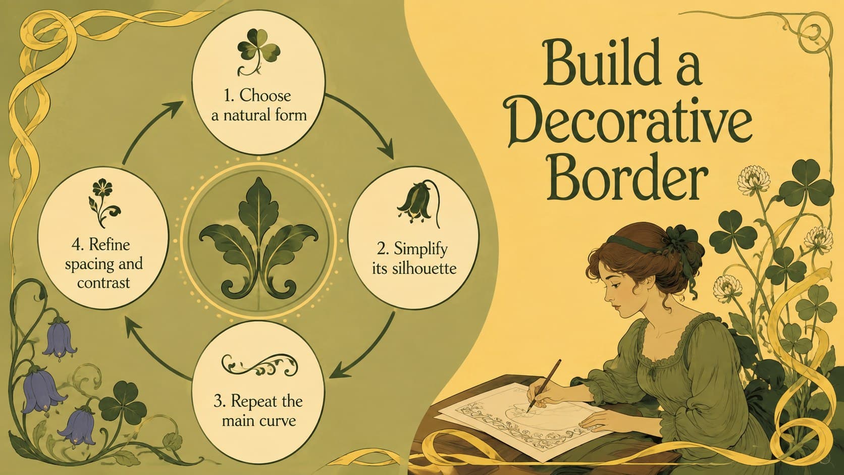 Yellow green lesson presentation slide with a four-step process for creating an original decorative border.