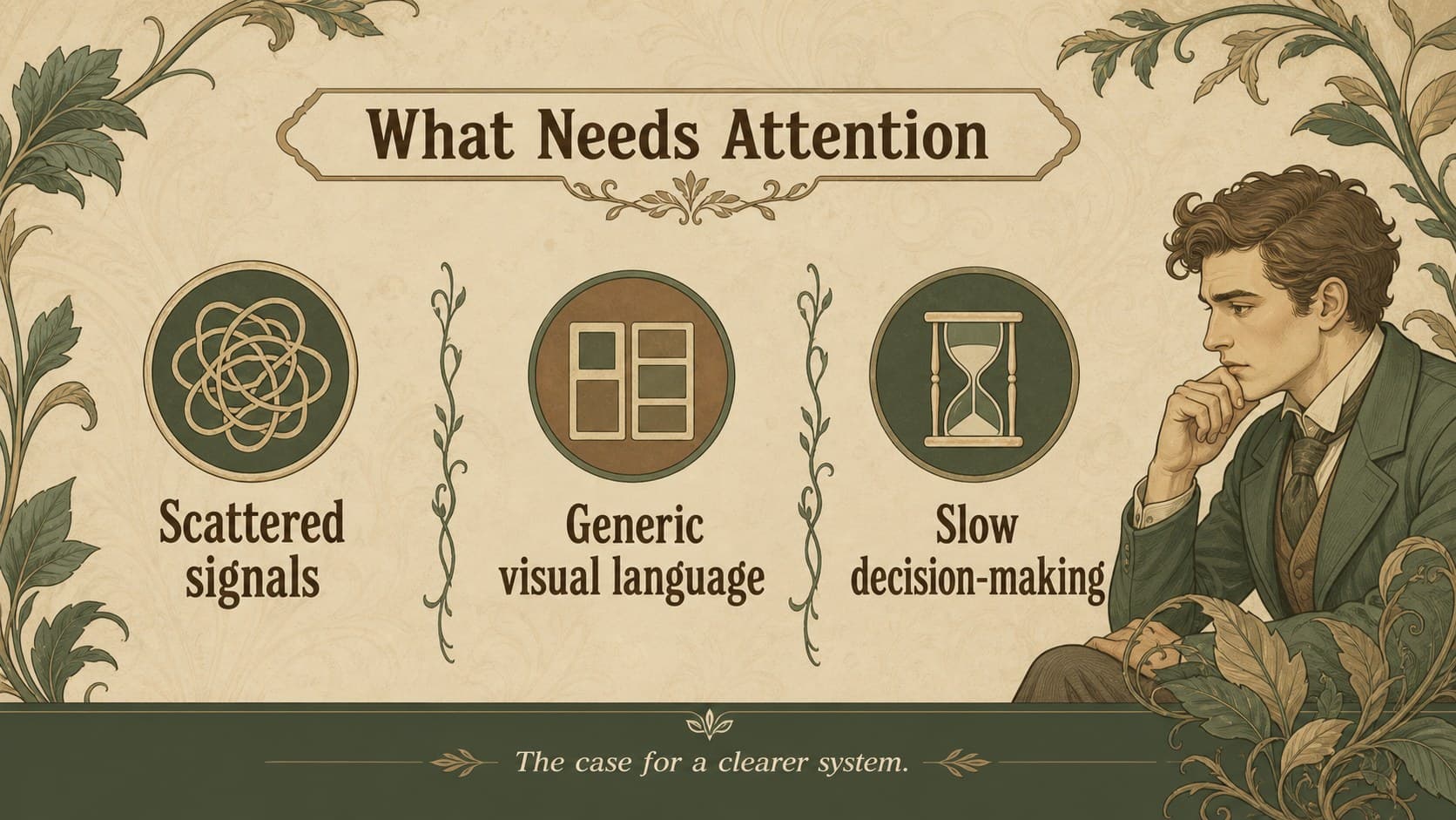Challenge slide for a green floral marketing strategy presentation showing three business obstacles.