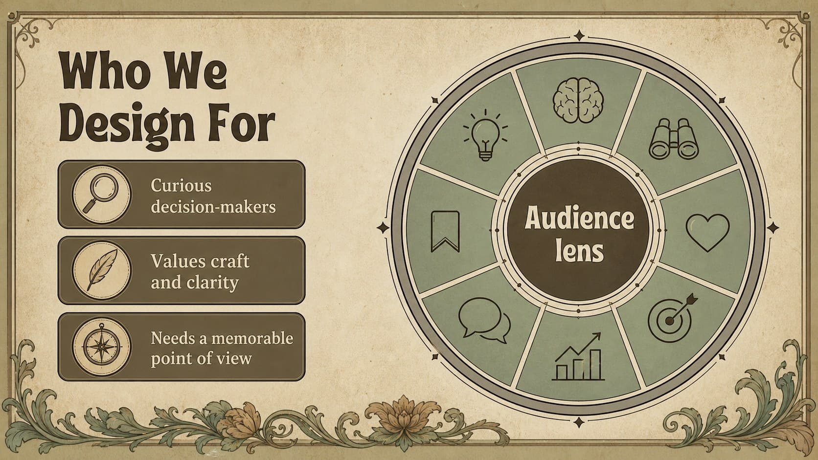 Audience profile slide in a vintage botanical business presentation with concise persona details.