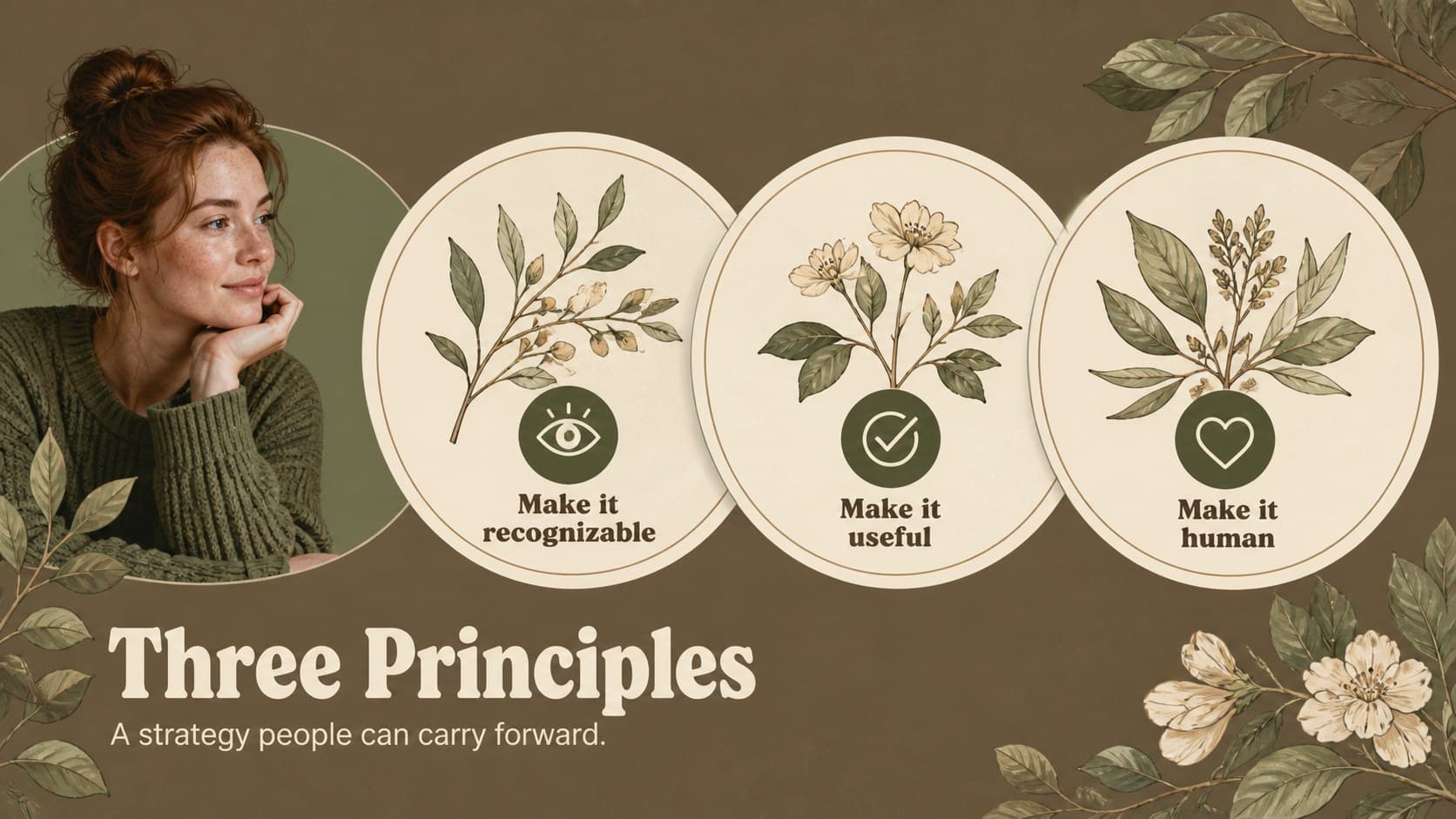 Strategy pillars slide for an editable botanical pitch deck with three connected principles.