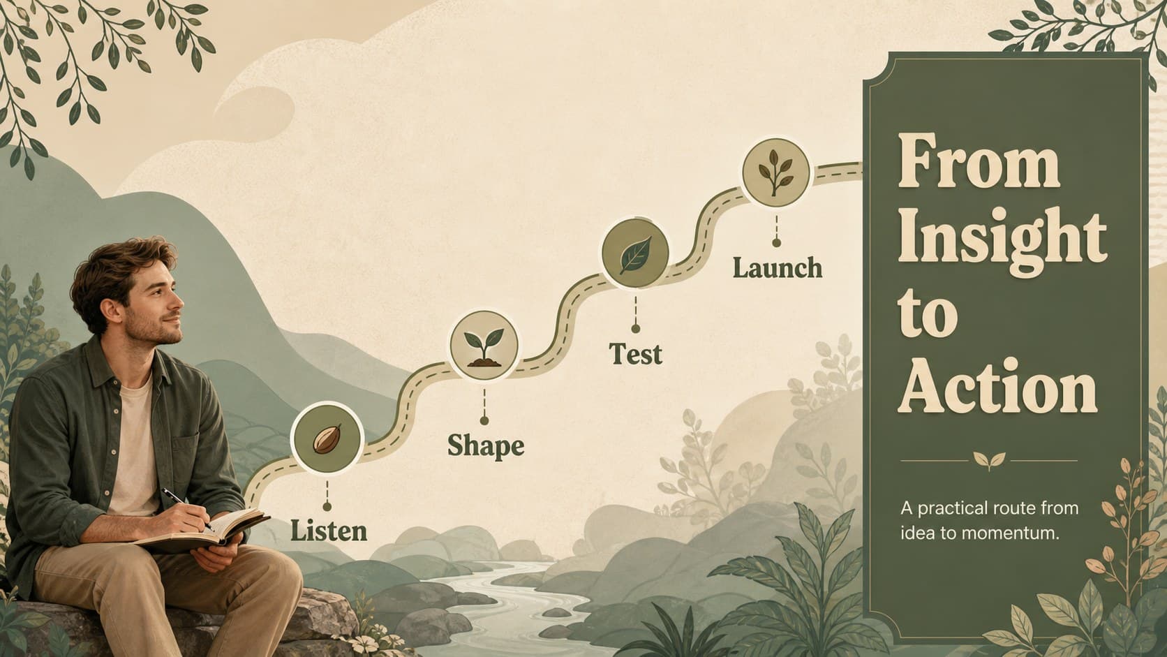 Process timeline slide for a creative agency strategy presentation in green and brown.
