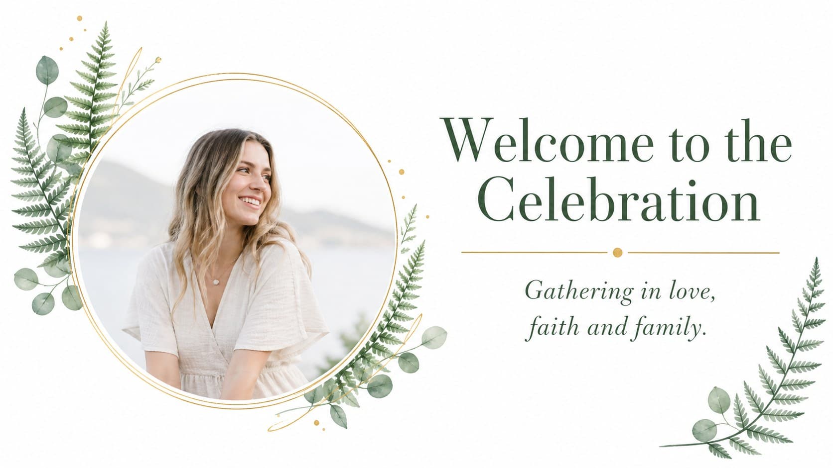 Botanical welcome slide introducing a baptism celebration with elegant foliage and a family-focused message.