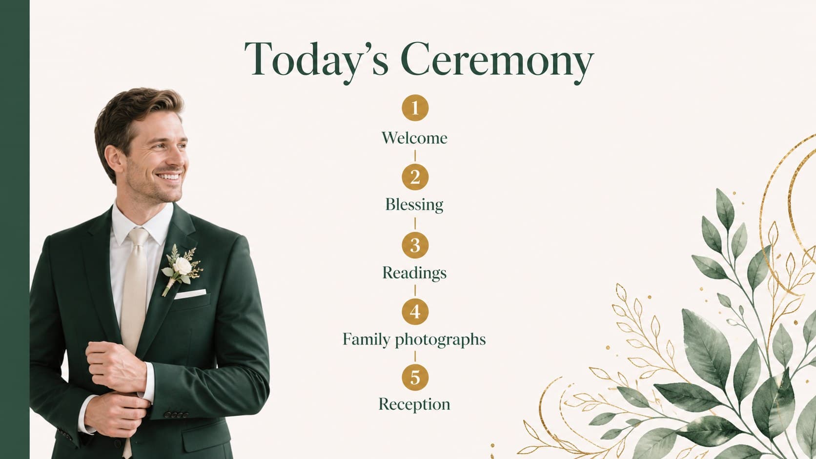 Baptism ceremony program presentation slide with a structured schedule and delicate gold botanical details.