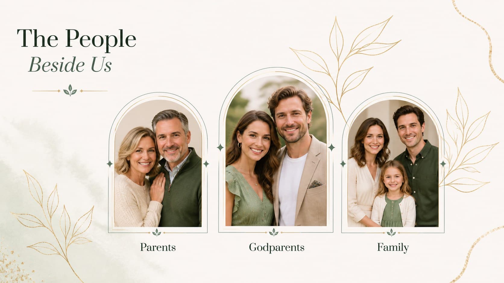 Family baptism keepsake slide with space for parents, godparents and relatives in a refined leafy layout.