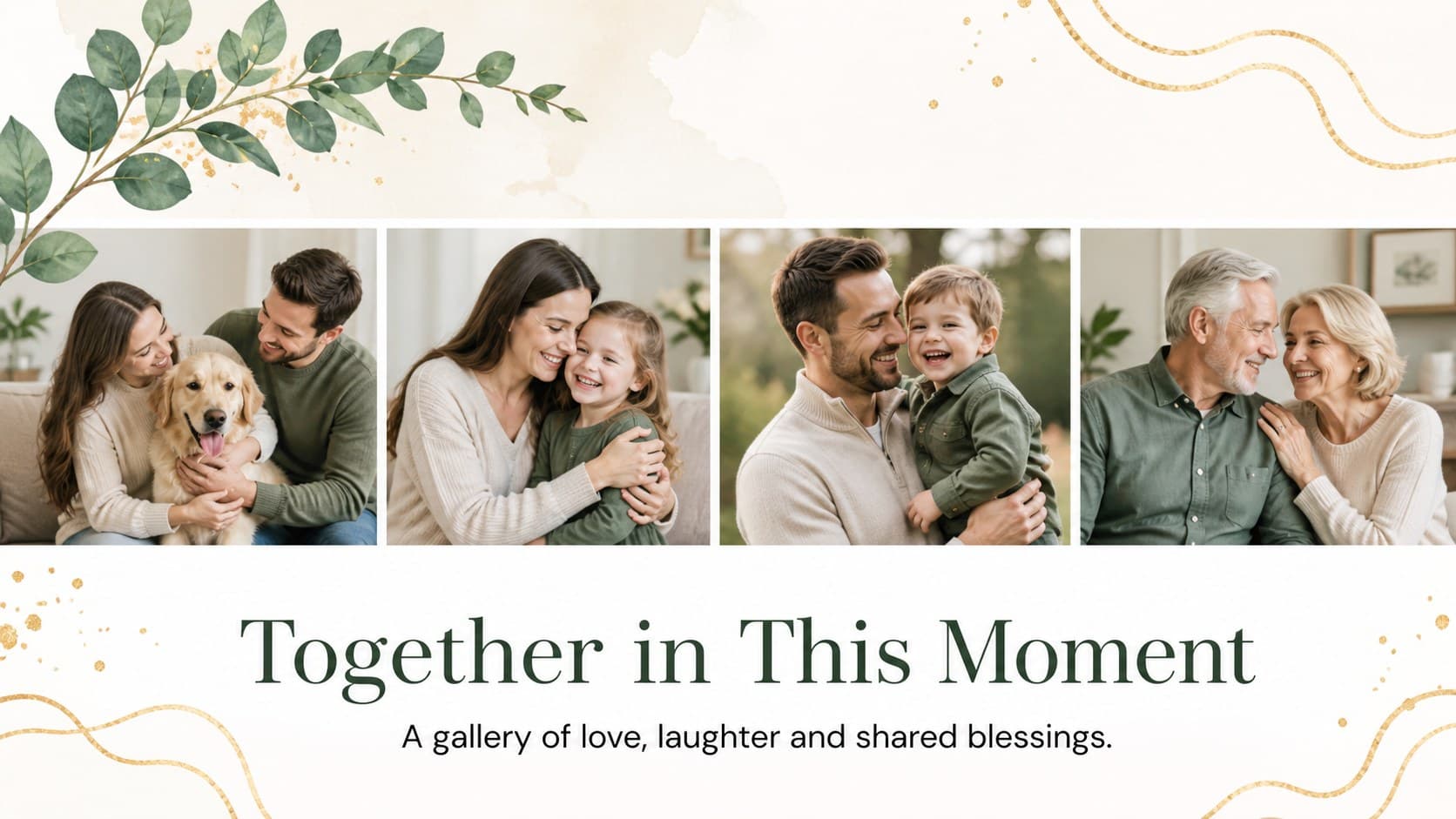 Christening reception photo deck slide with a collage of family images and a graceful botanical border.