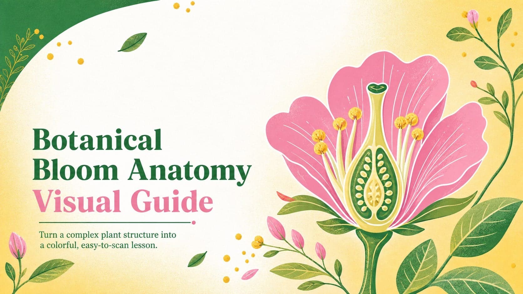 Cover for a Botanical Bloom Anatomy Visual Guide with colorful educational flower illustrations in pink, green, yellow, and white.