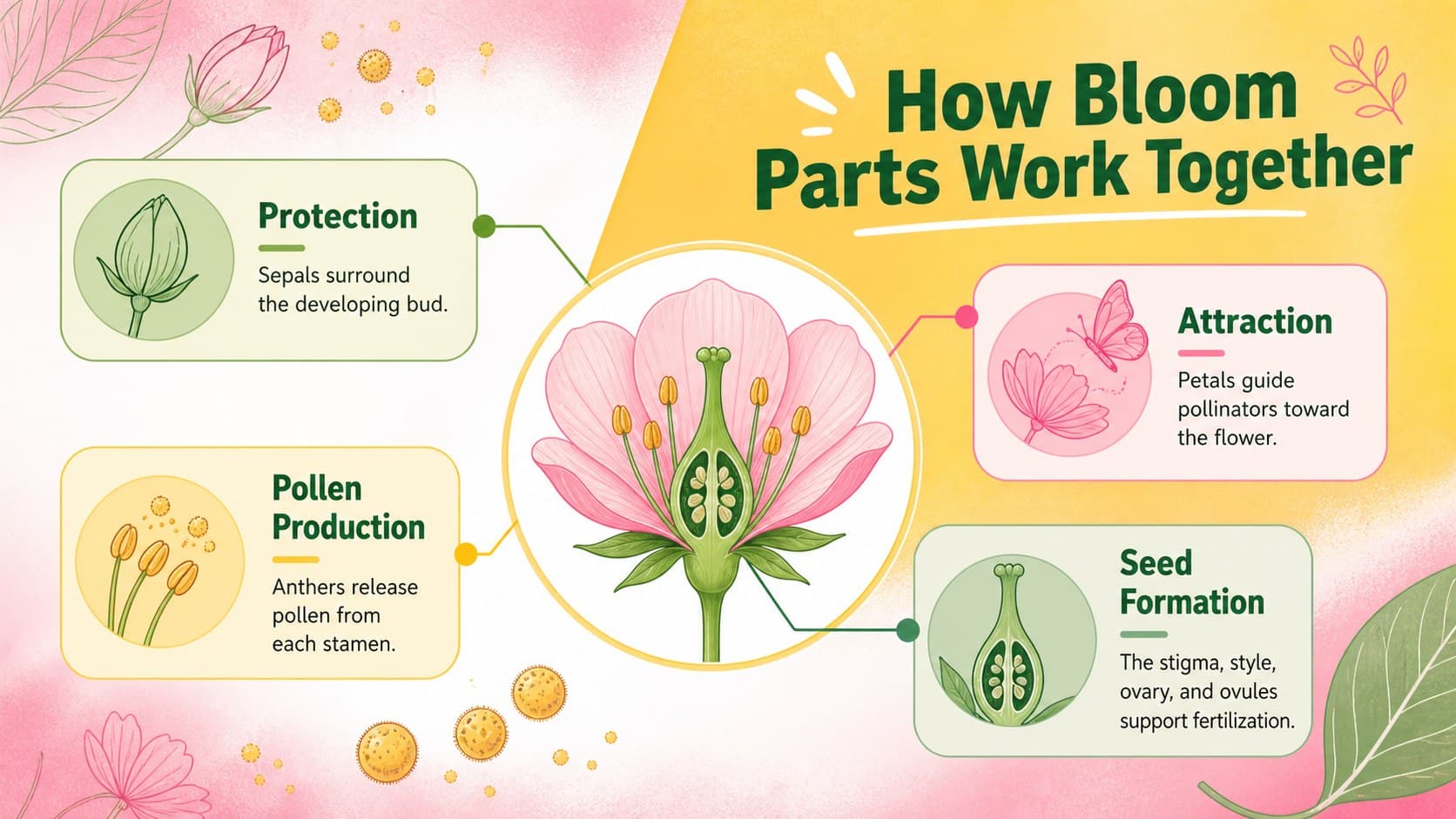Plant biology infographic grouping flower anatomy into protective, attractive, male, and female structural functions.