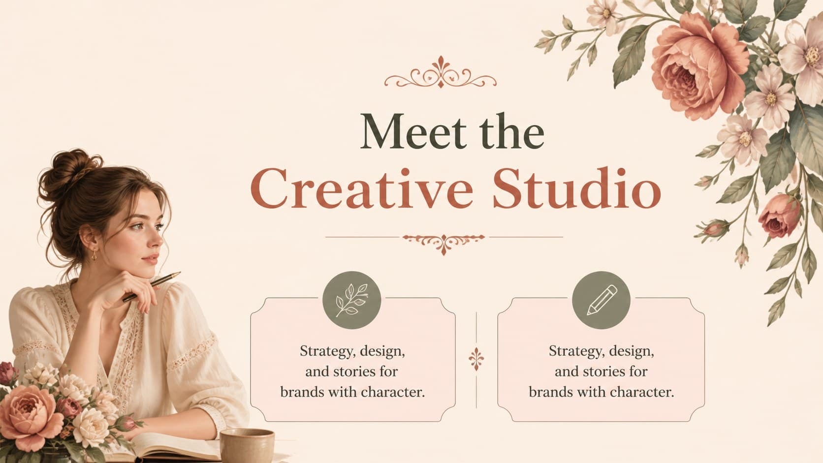Agency introduction slide for an editable botanical brand presentation with floral framing and team overview.
