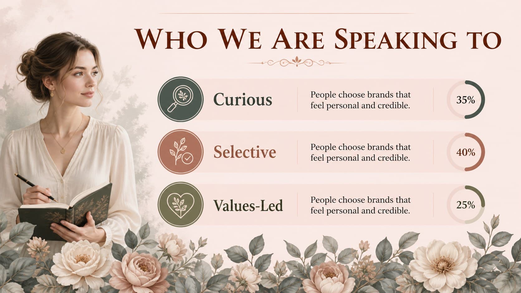 Audience insight slide for a floral agency pitch deck with demographic callouts and decorative leaves.
