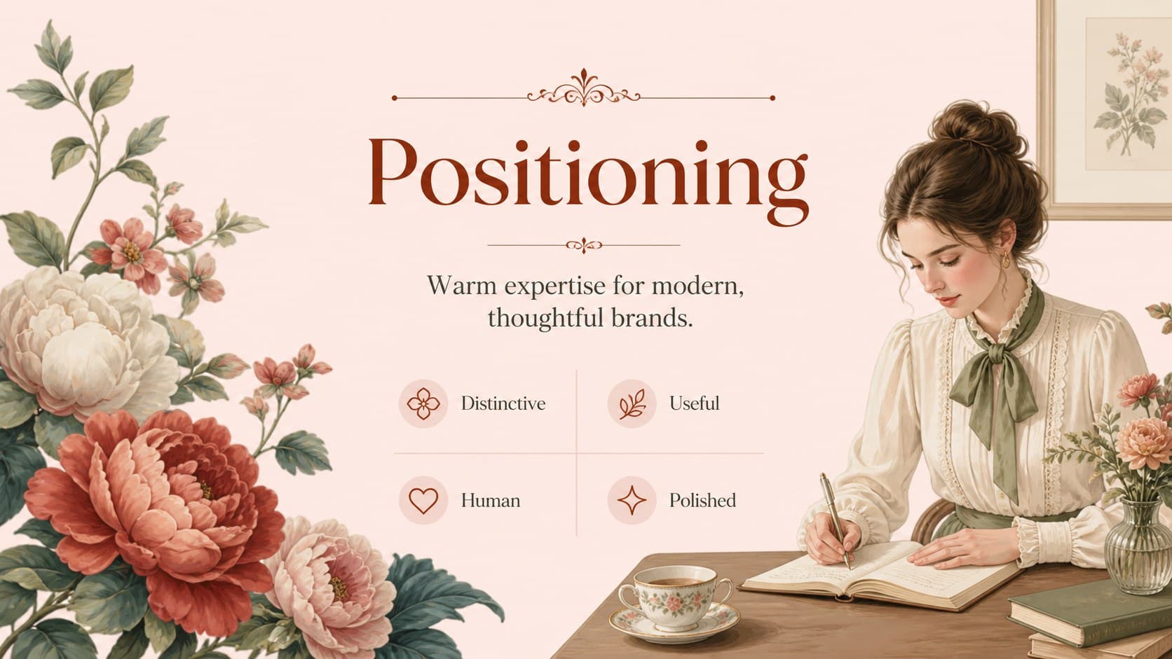 Brand positioning slide from a botanical visual identity presentation with a central positioning statement.