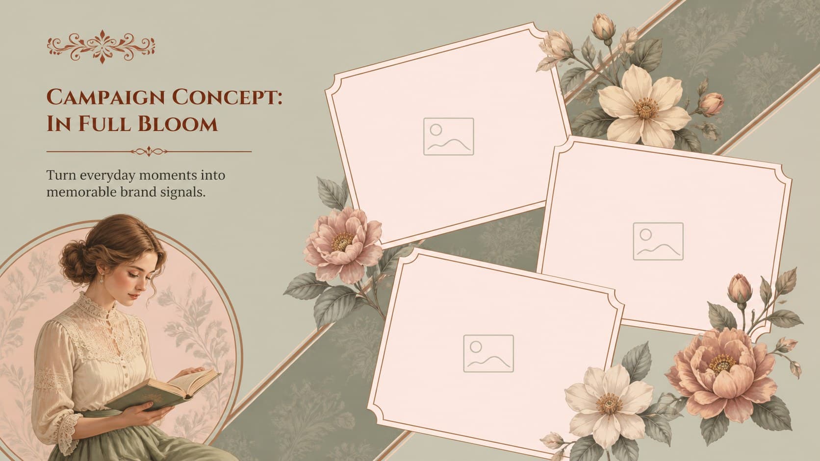 Campaign concept slide in an art nouveau inspired business deck with a floral moodboard and concept title.