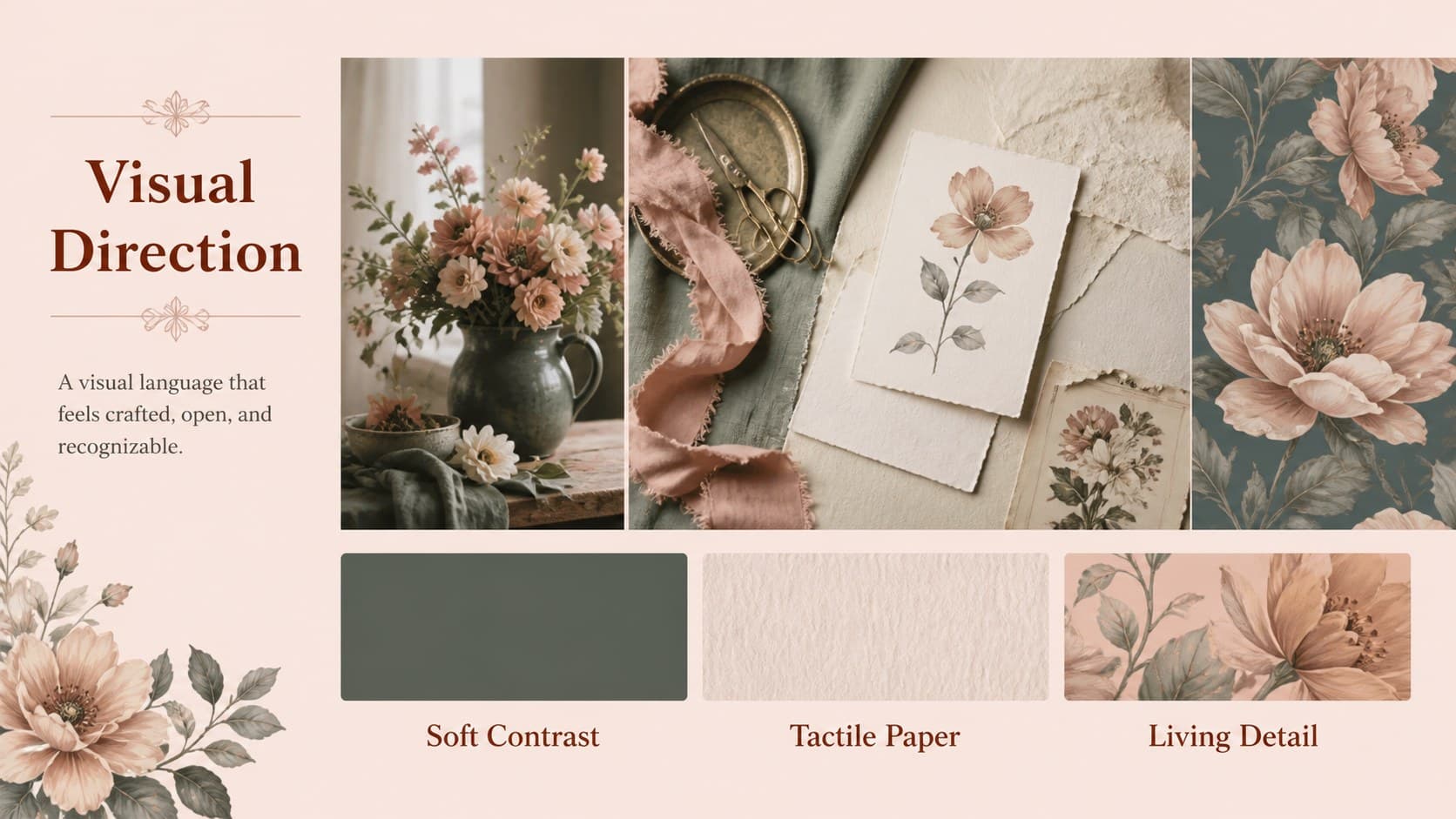 Creative direction moodboard slide for an editable botanical brand presentation with image and texture references.