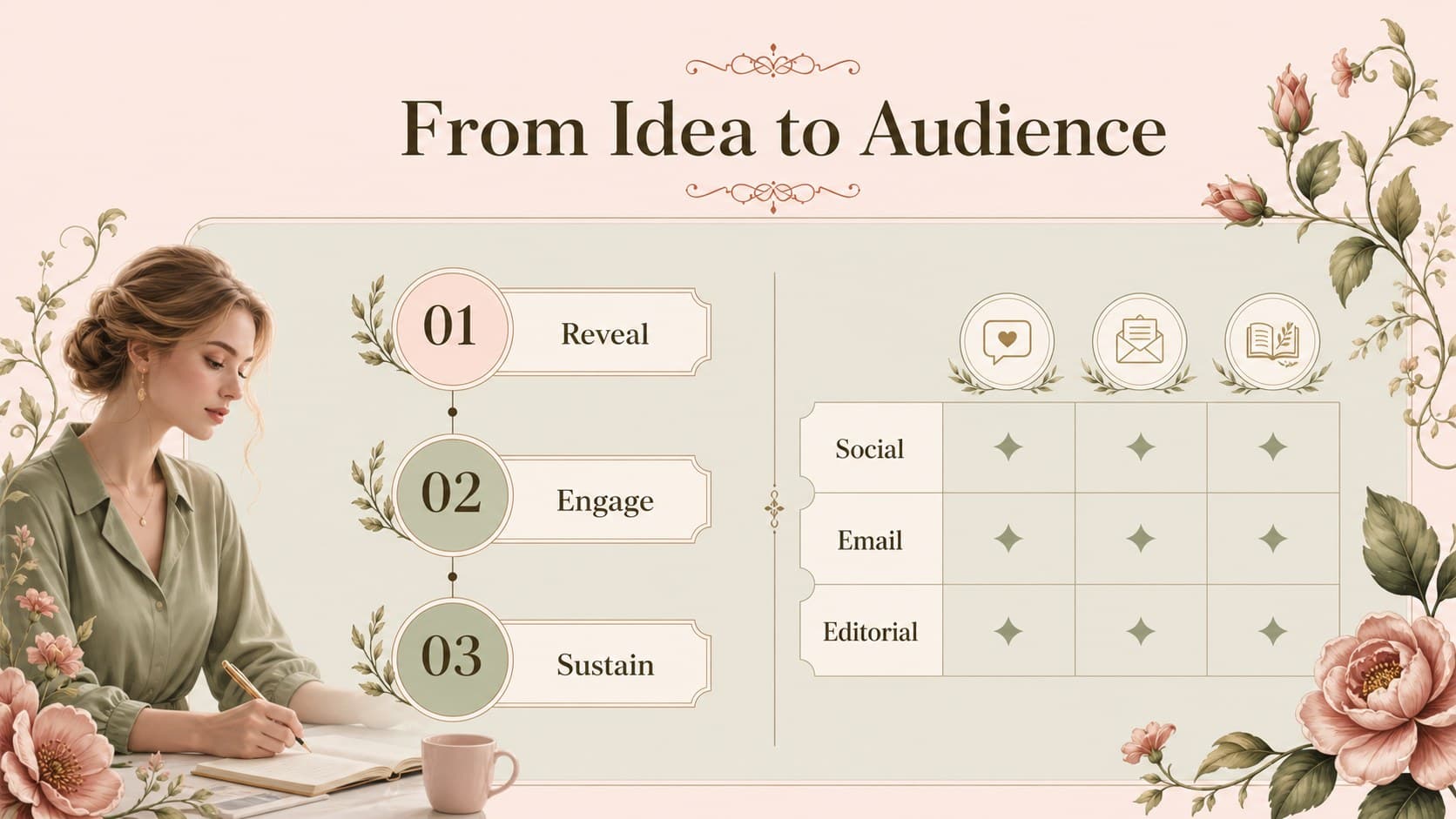 Channel plan slide with a pink-green campaign rollout matrix for a botanical branding presentation theme.