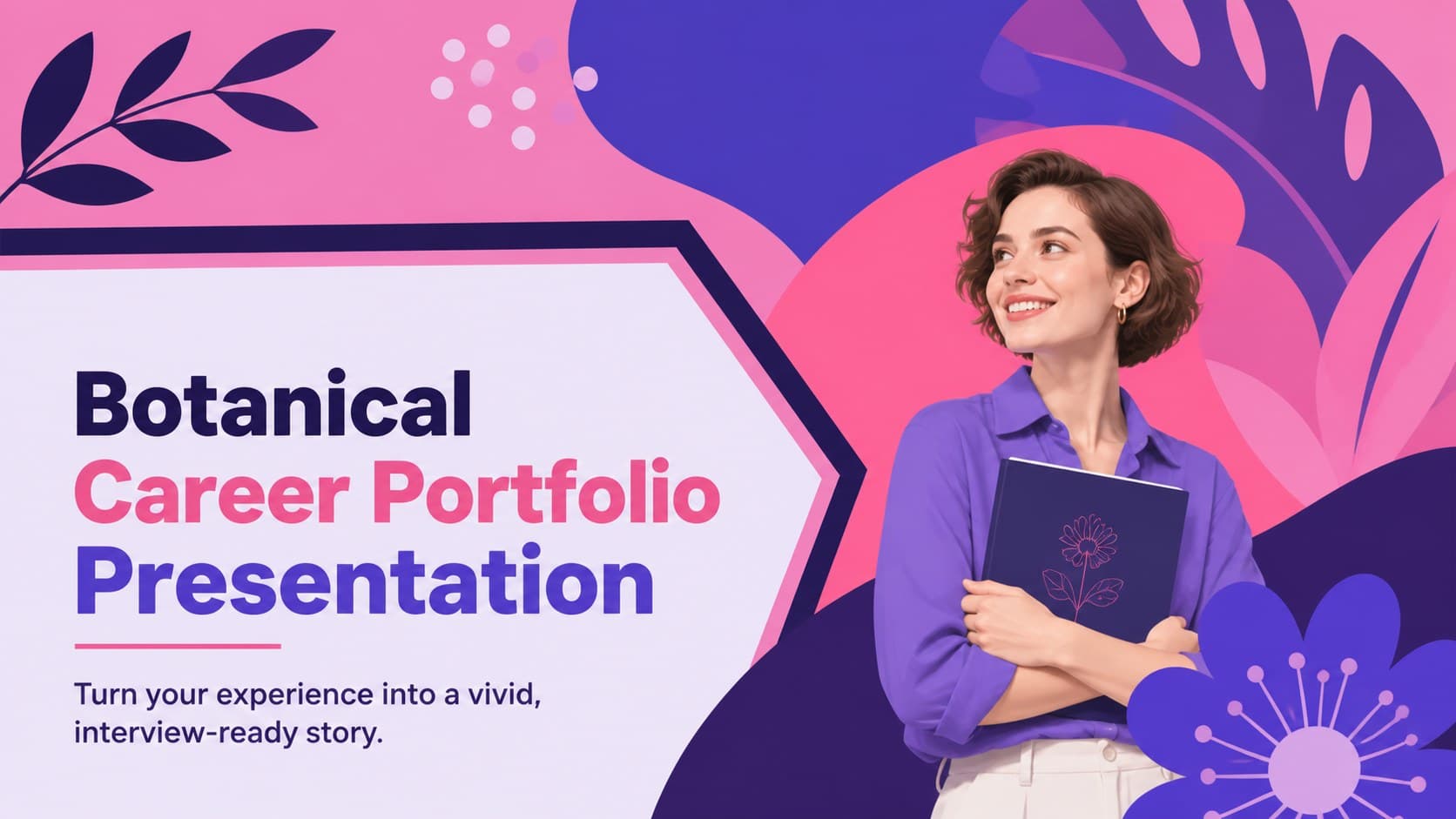 Cover of a botanical career portfolio presentation with bold pink and violet floral graphics.