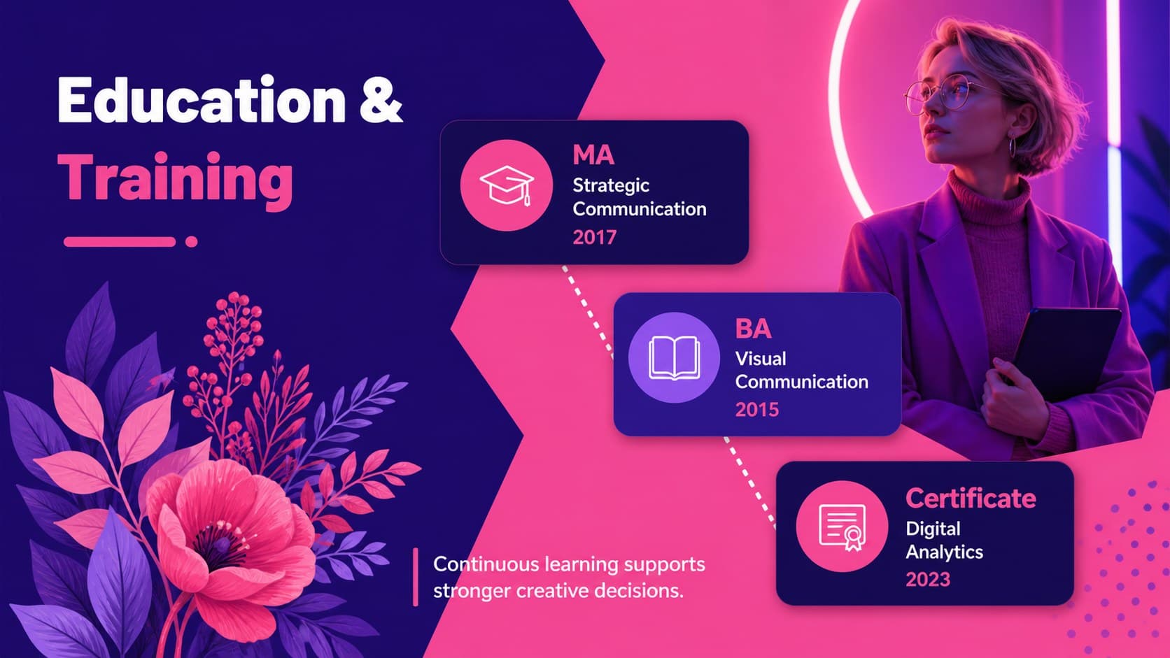 Education and training page for a Google Slides career portfolio.