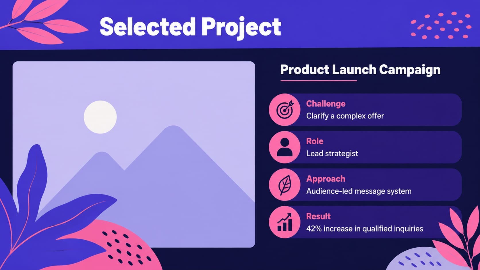 Selected project case study from a pink purple career portfolio slide deck.