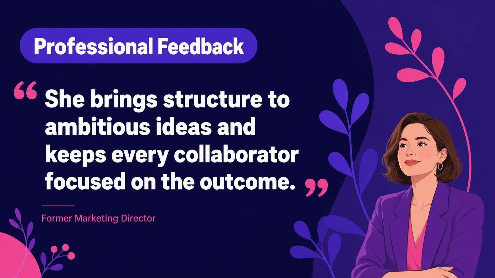 Professional testimonial slide for a feminine job interview presentation.