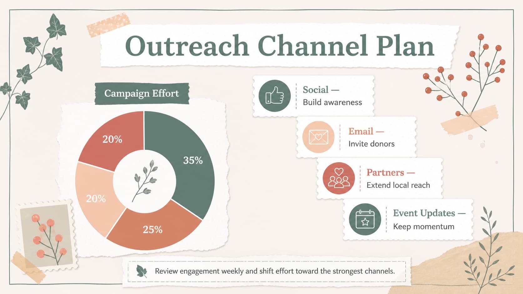 Charity donor outreach presentation slide comparing social, email, partner, and event promotion channels.