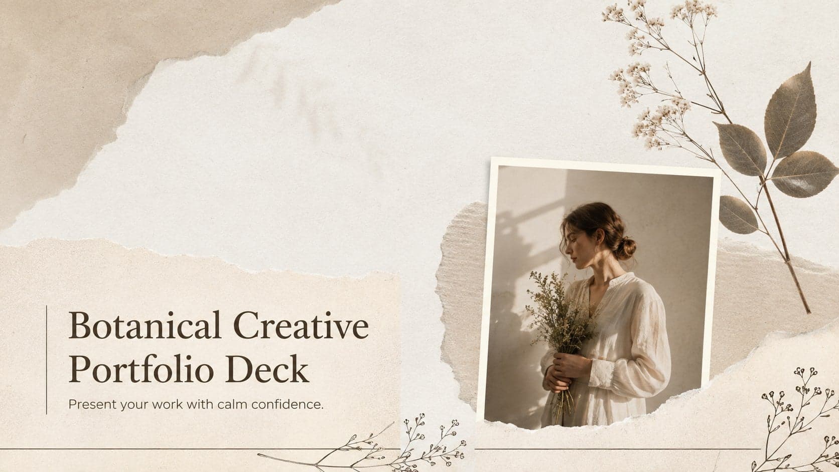 Cover of a botanical creative portfolio deck with beige floral accents and refined brown typography.
