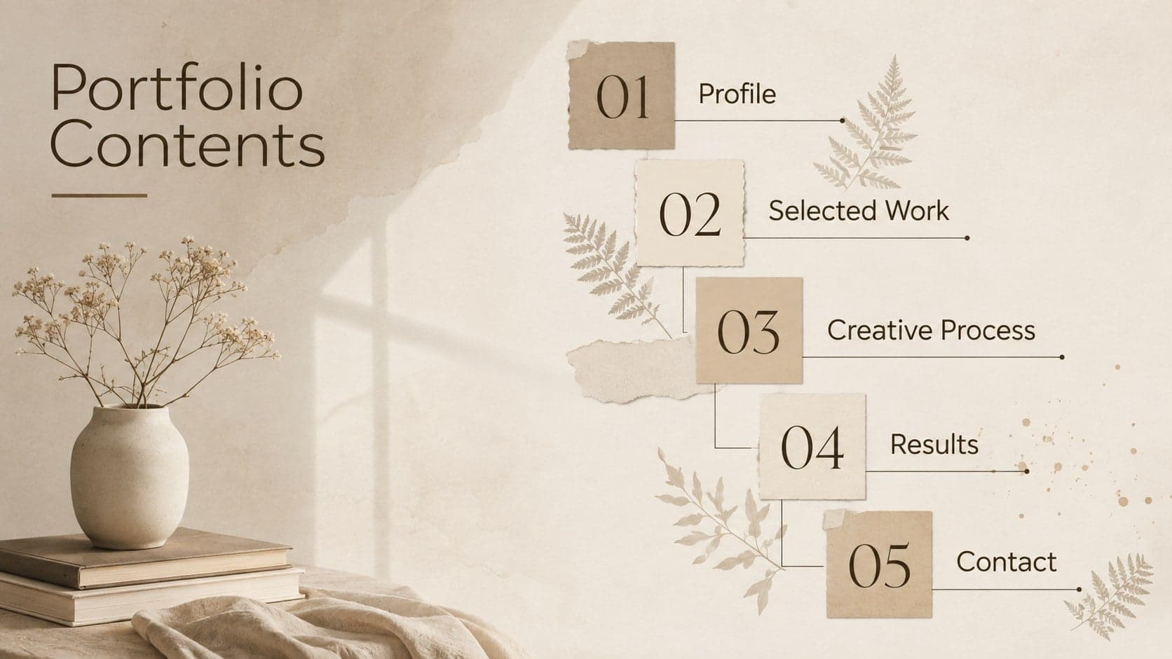 Beige portfolio contents slide outlining profile, selected work, process, results, and contact sections.