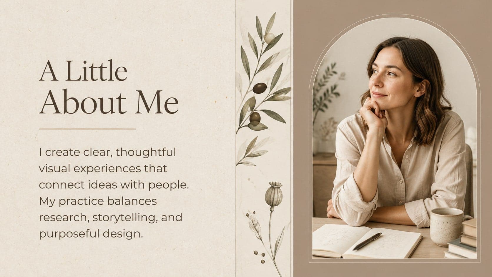 About me portfolio slide pairing a professional portrait area with a concise creative biography.