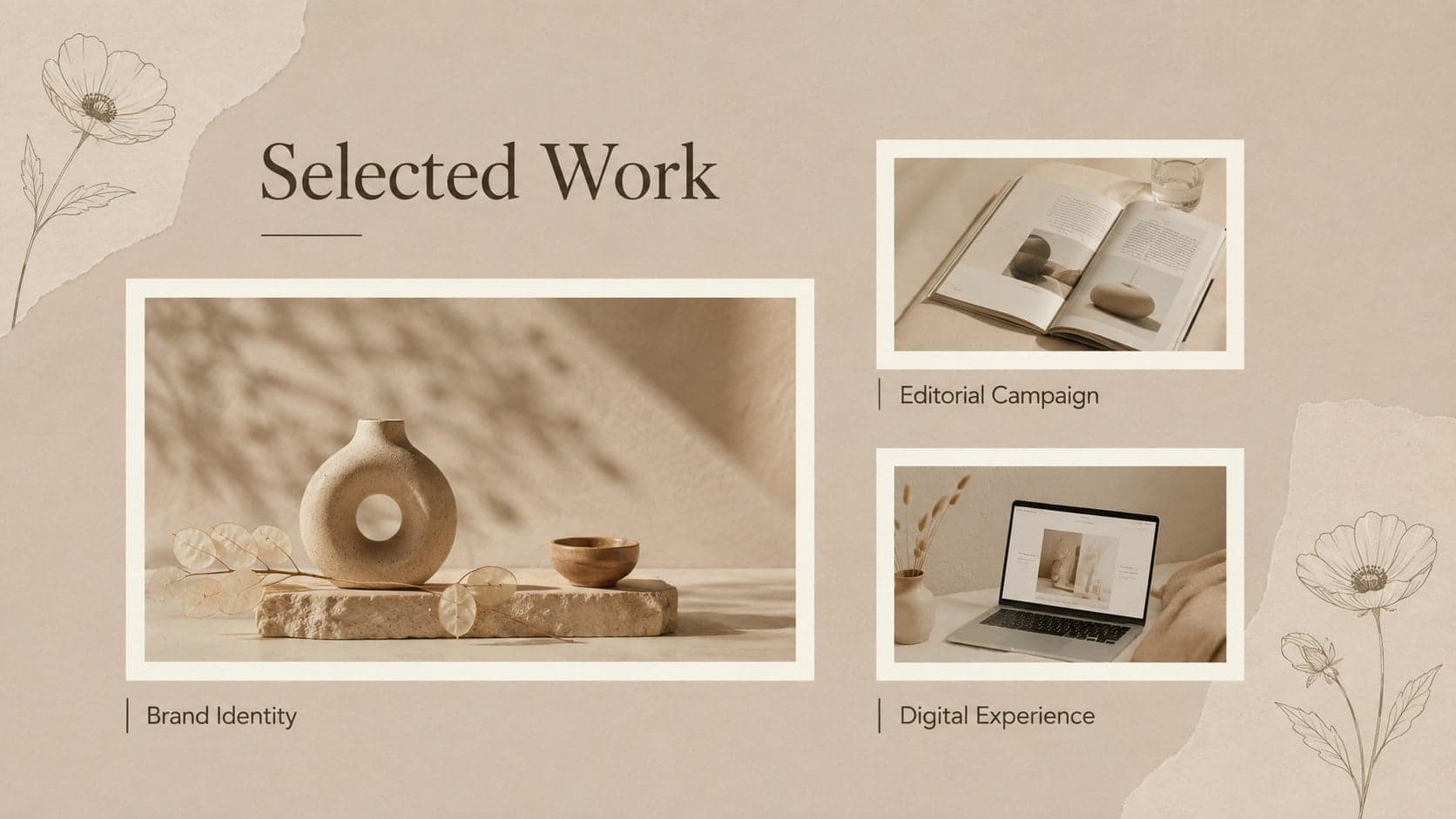 Selected work gallery displaying three creative projects in an elegant beige floral portfolio.