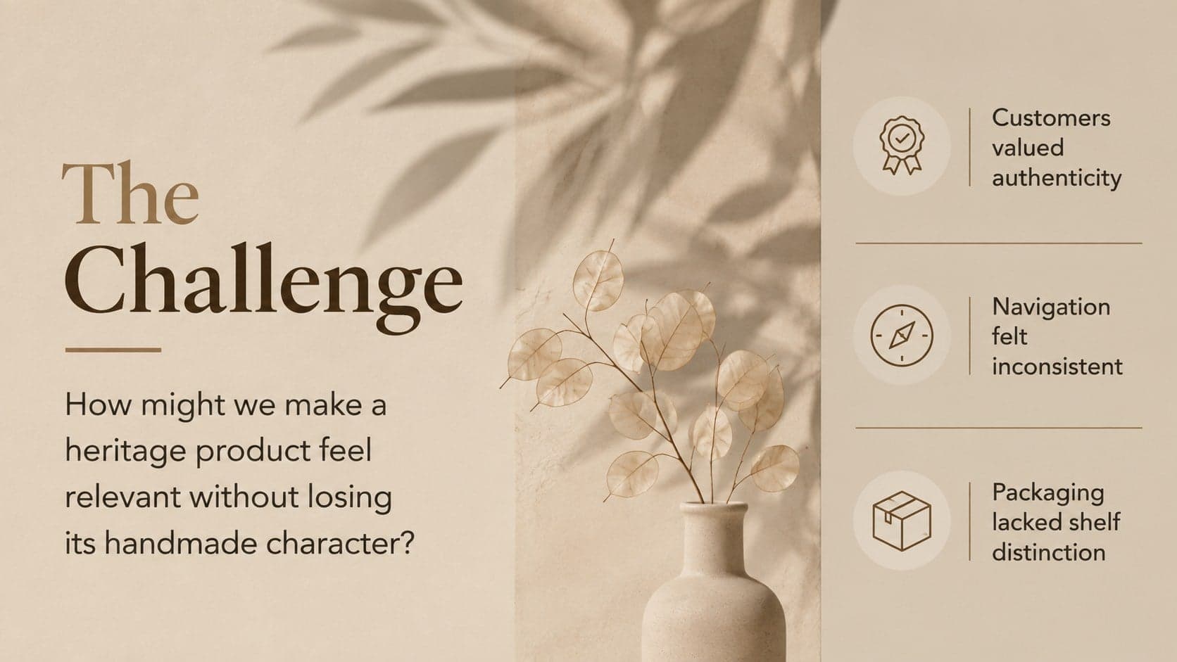 Creative case study challenge slide with research observations and audience needs in a minimal neutral layout.