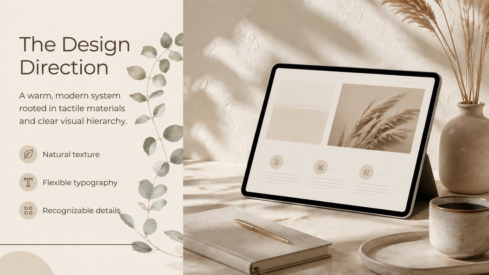 Portfolio solution slide featuring a large final design mockup and three strategic design choices.