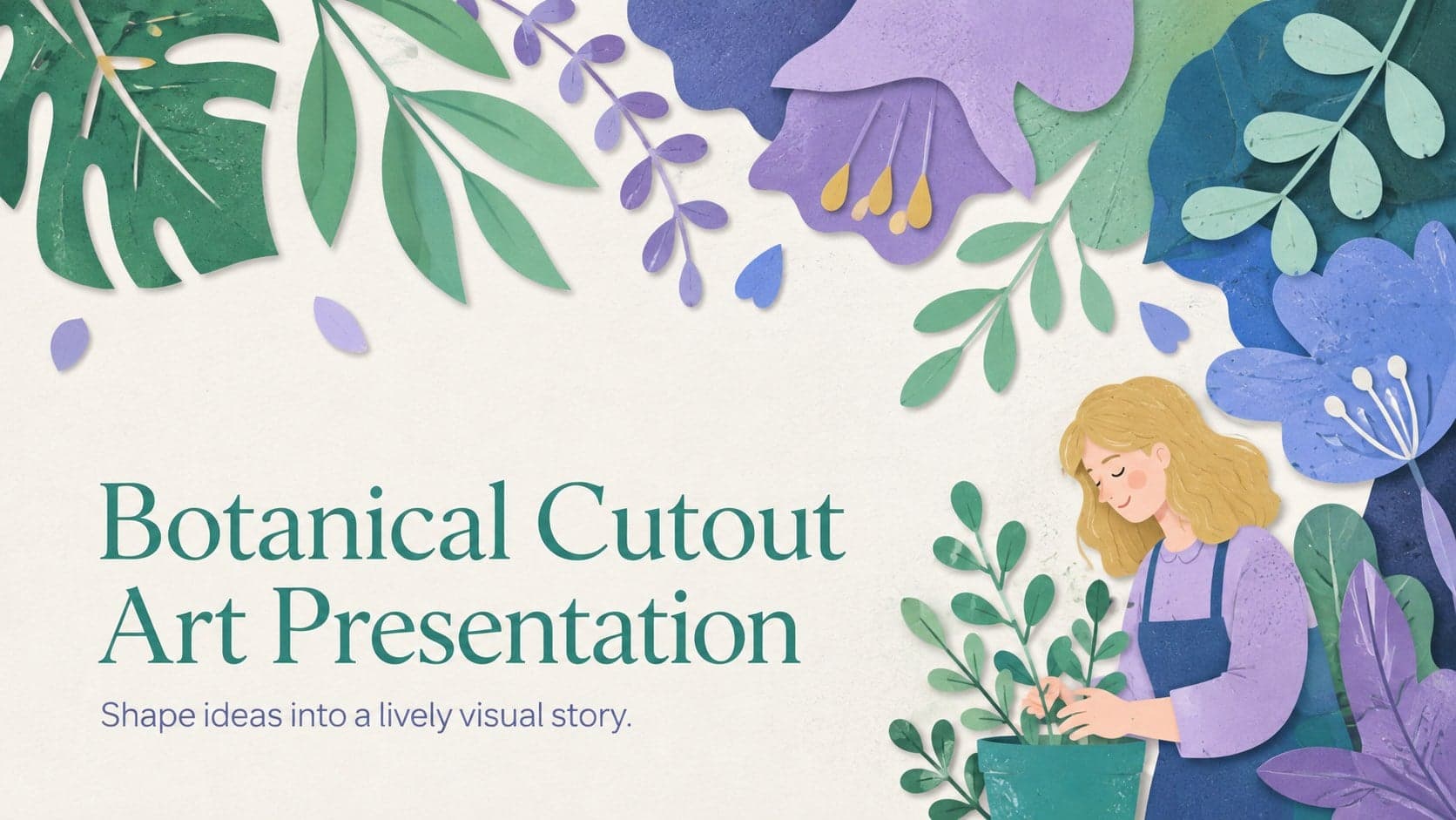 Cover of a botanical cutout art presentation with layered pastel leaves and abstract green, blue, and purple forms.