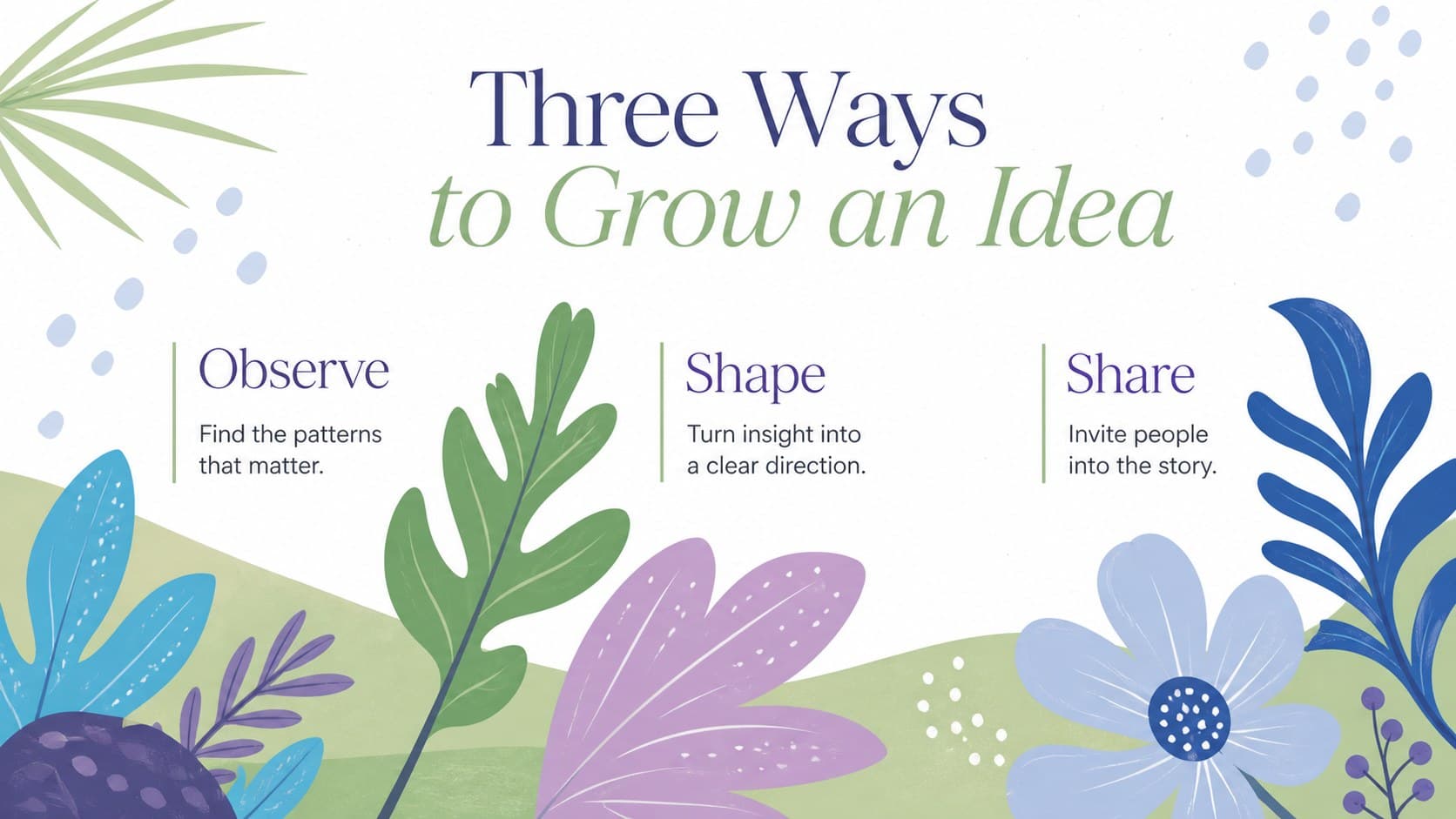 Three-part botanical concept slide using pastel paper-cut flowers and leaves.