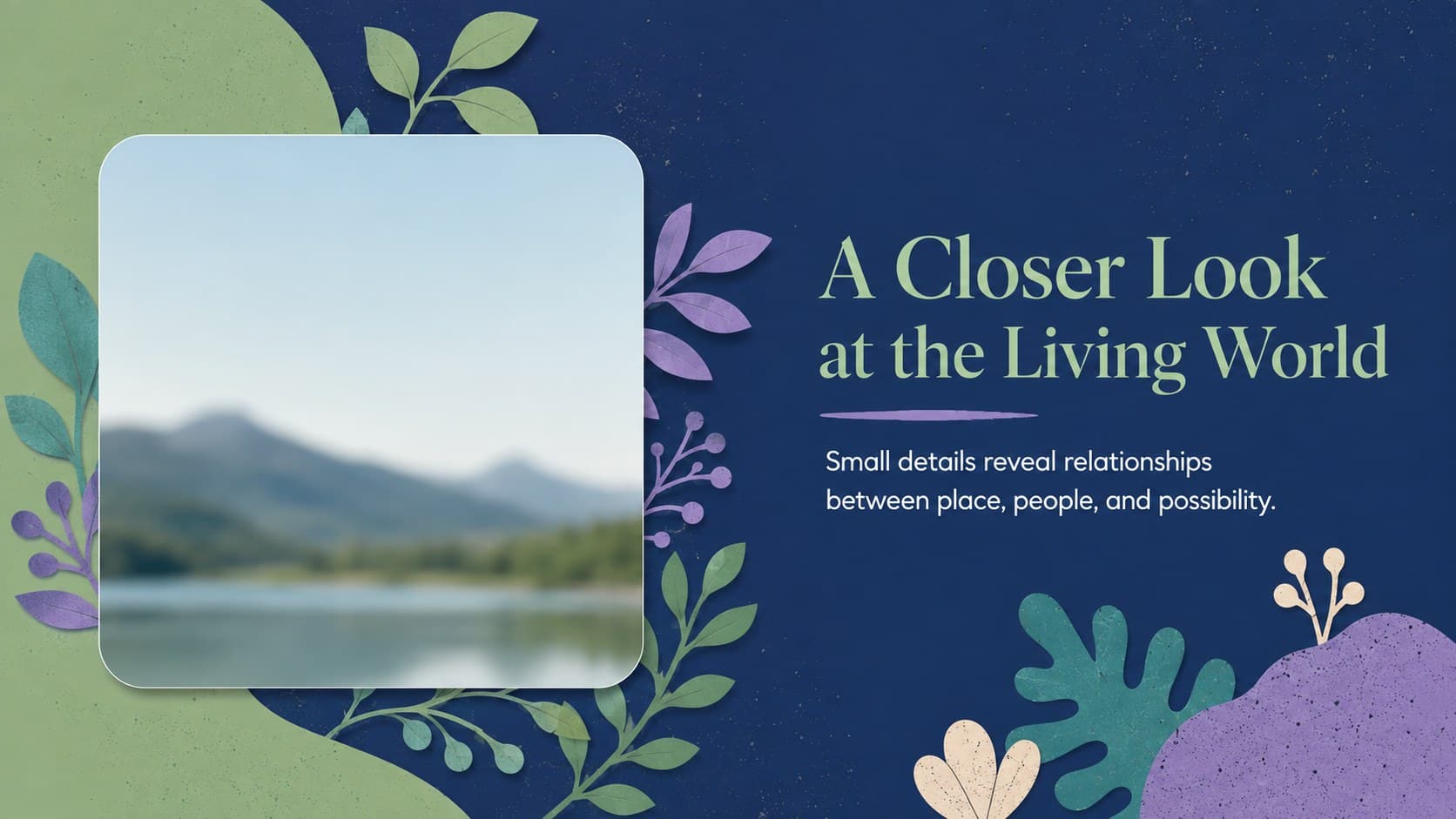 Botanical storytelling slide featuring an original garden photograph area and layered pastel accents.