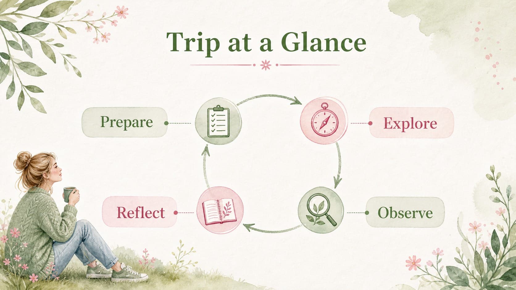 Botanical discovery trip slides agenda showing garden visit sections with watercolor foliage.