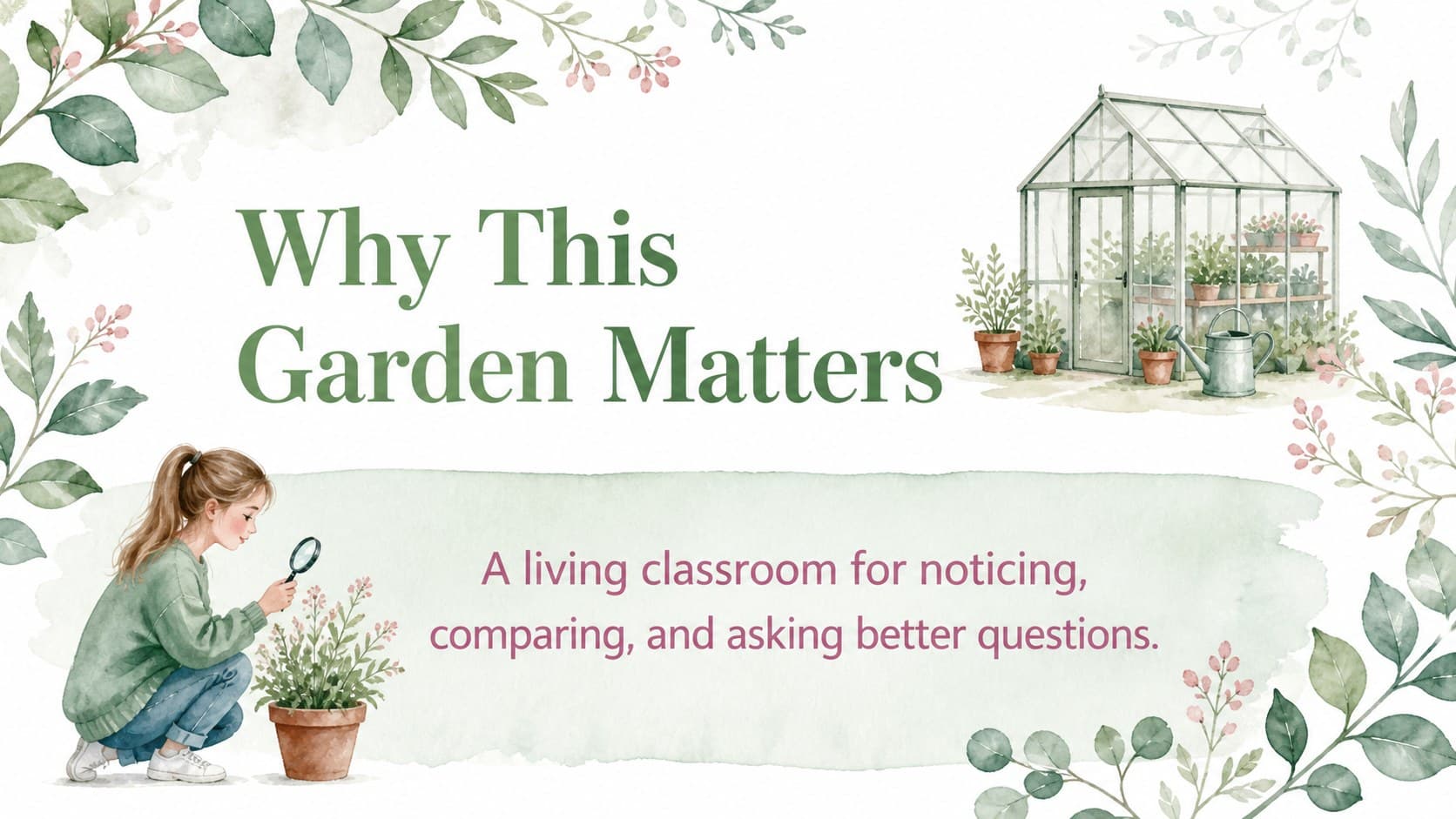 Garden field study introduction slide with watercolor leaves and a botanical discovery trip overview.