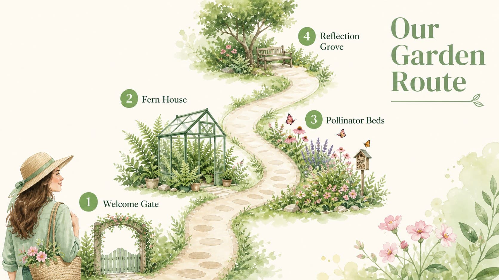 Botanical garden itinerary presentation slide mapping a watercolor route through garden spaces.