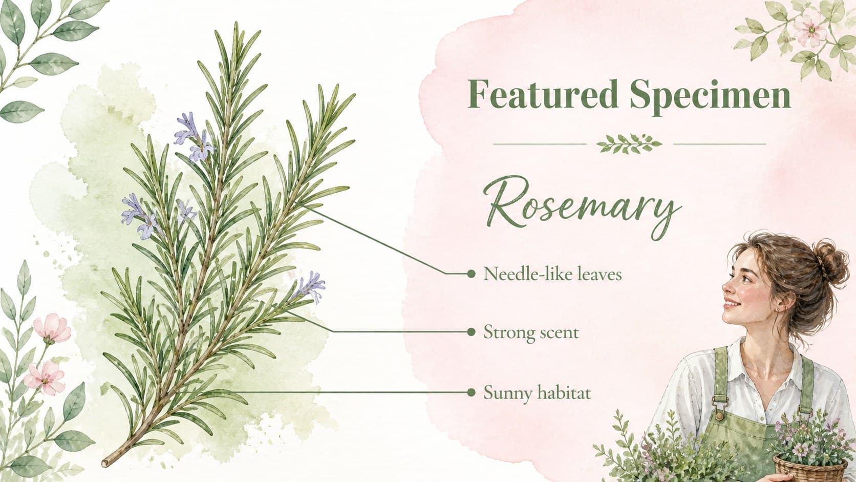 Watercolor plant study slide presenting a featured garden specimen for outdoor learning.