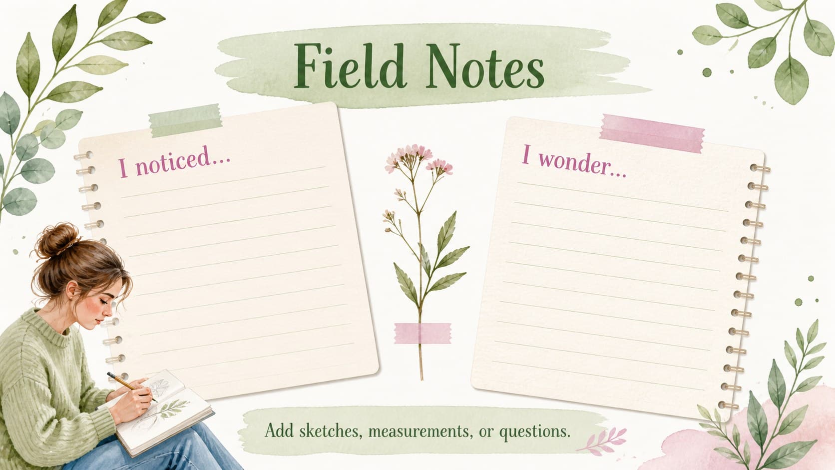Nature journal presentation slide with watercolor note cards for recording garden discoveries.