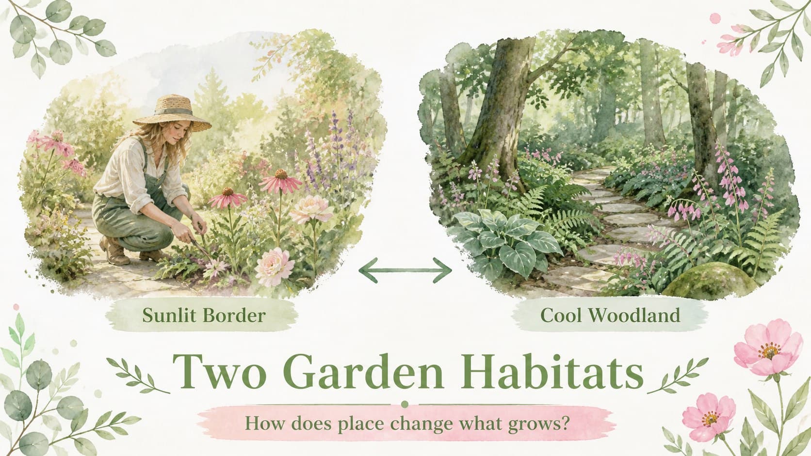 Spring outdoor learning presentation slide comparing sunlight and shade in a garden habitat.