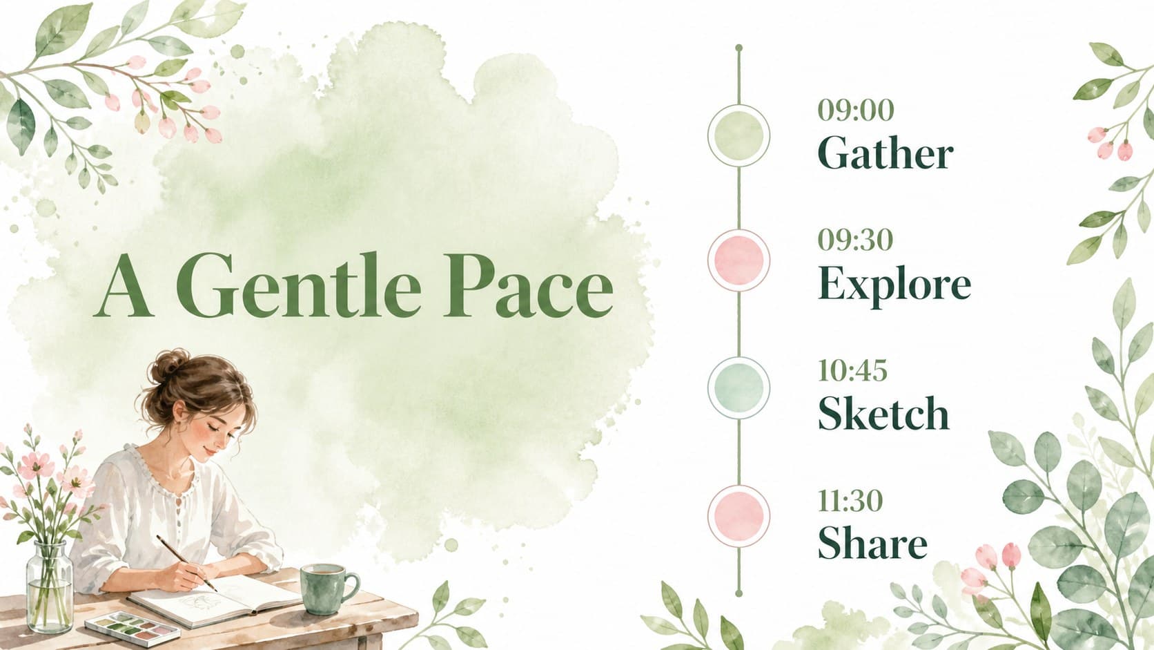 Botanical discovery trip slides displaying a watercolor garden schedule and activity timing.