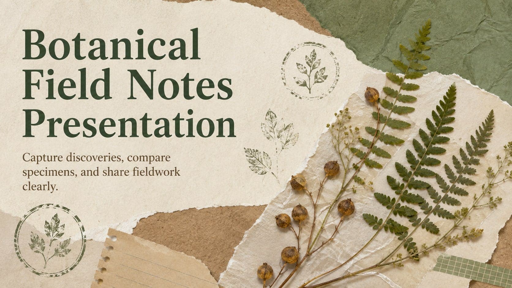 Cover of a botanical field notes presentation with pressed leaves, paper textures, and an earthy green-and-brown palette.